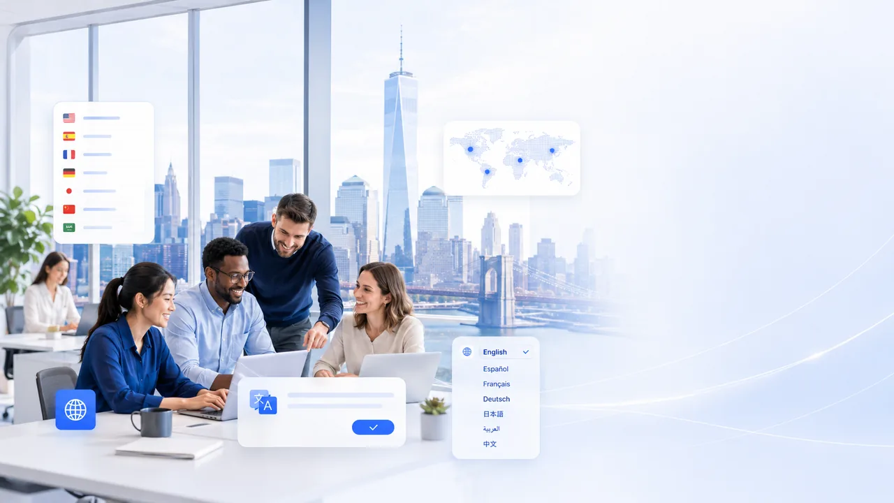 Team reviewing multilingual website translation in a New York office