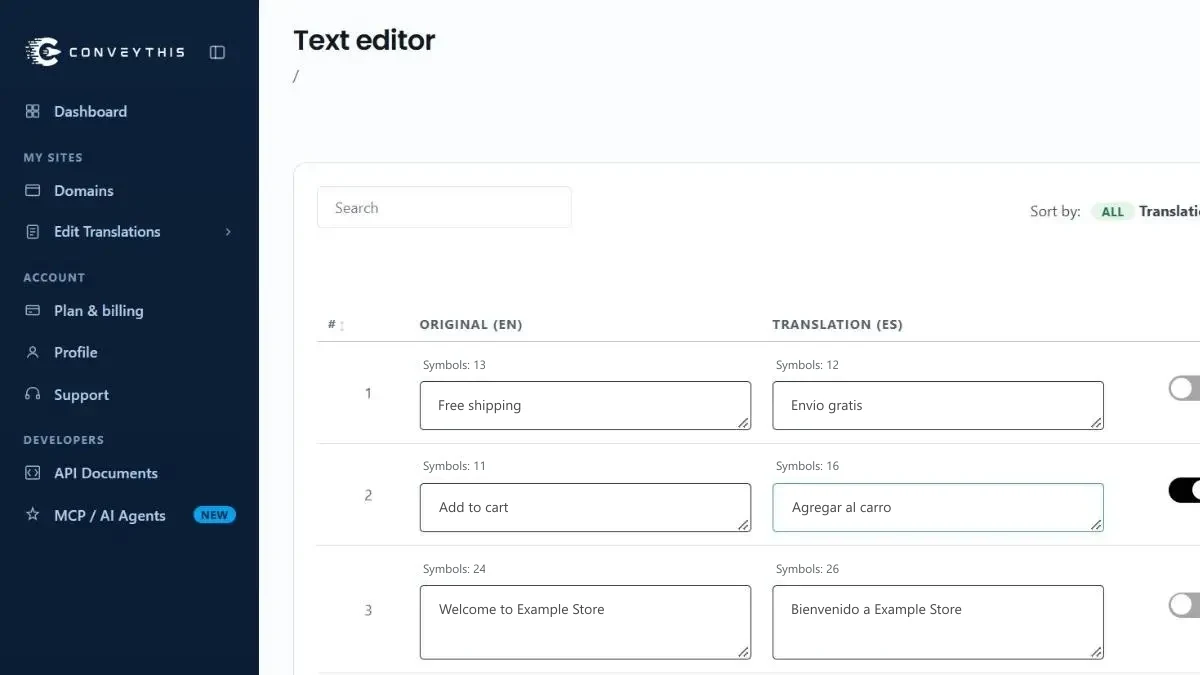 Correcting a translation in the ConveyThis text editor, saved as you type