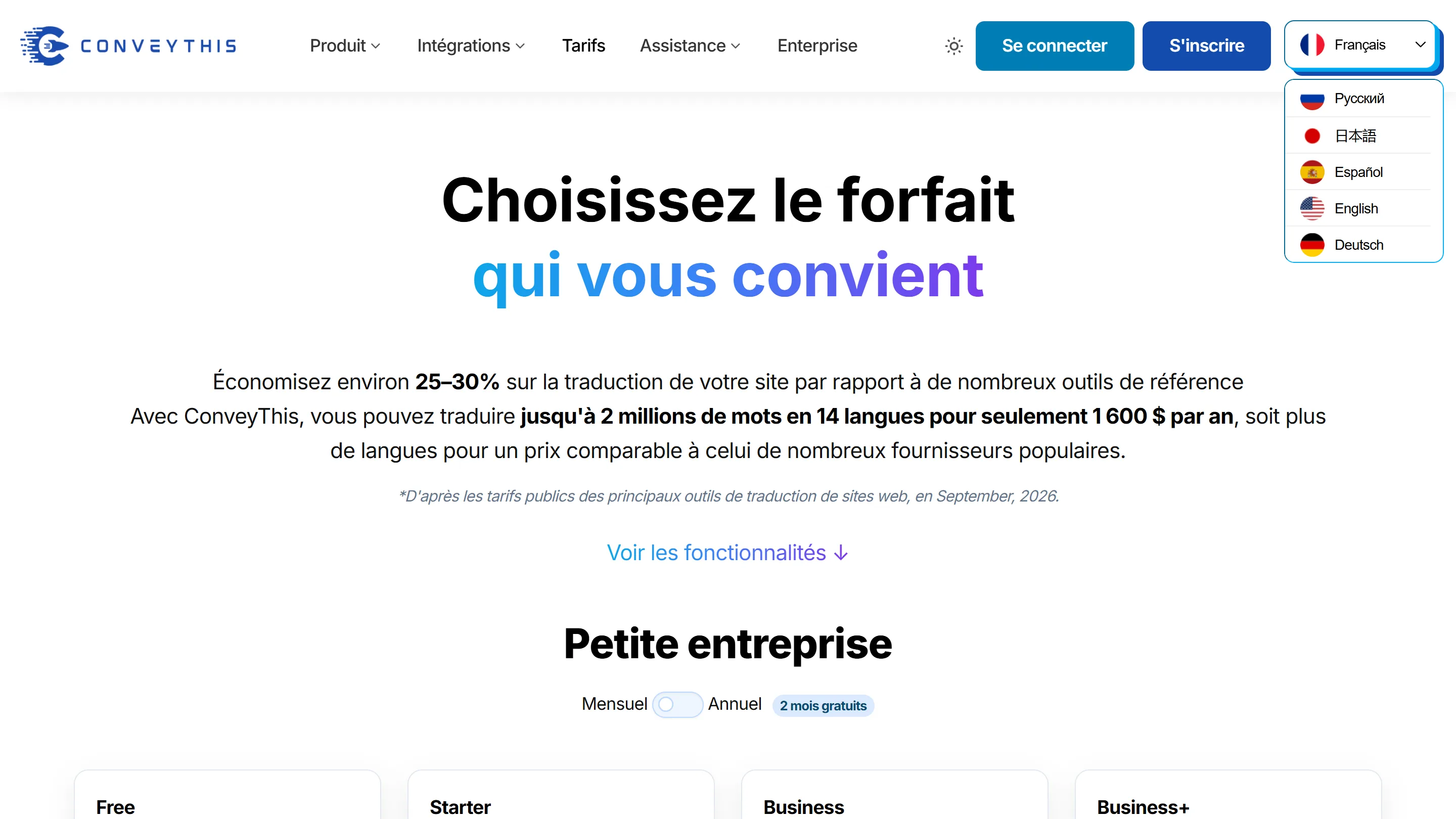 The ConveyThis language switcher open on a French page, with French selected