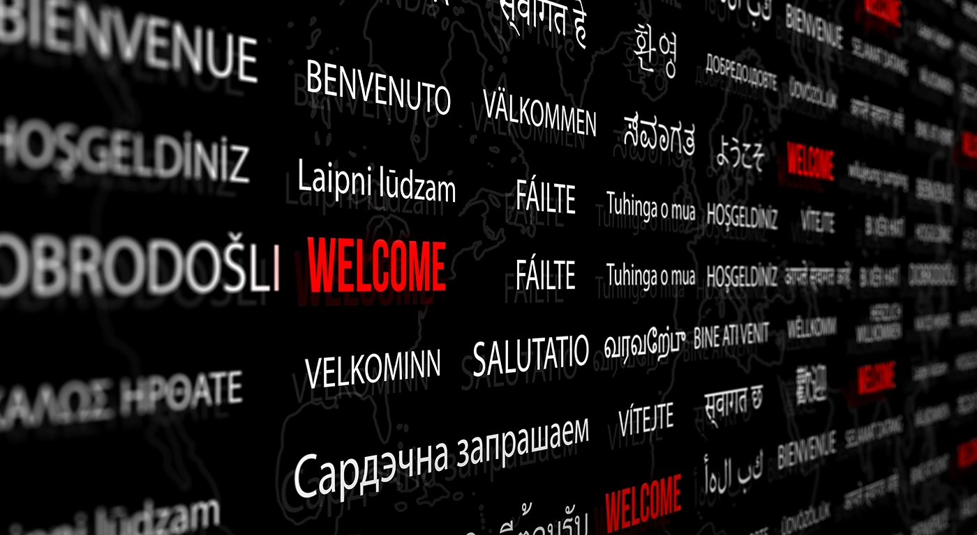 vecteezy ยินดีต้อนรับในภาษาต่างๆ พร้อมพื้นหลังแผนที่โลก 6983339 710