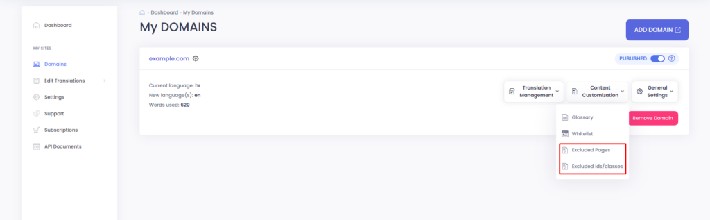 Location for Excluded Pages and Excluded ids/classes on ConveyThis