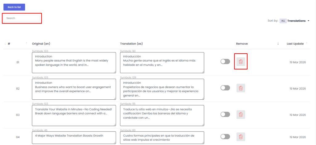Locations for the delete button and search box for ConveyThis Text Editor