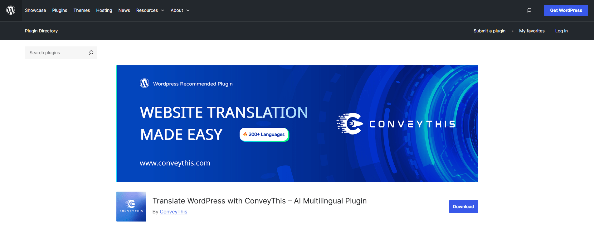 ConveyThis Wordpress plugin download screen