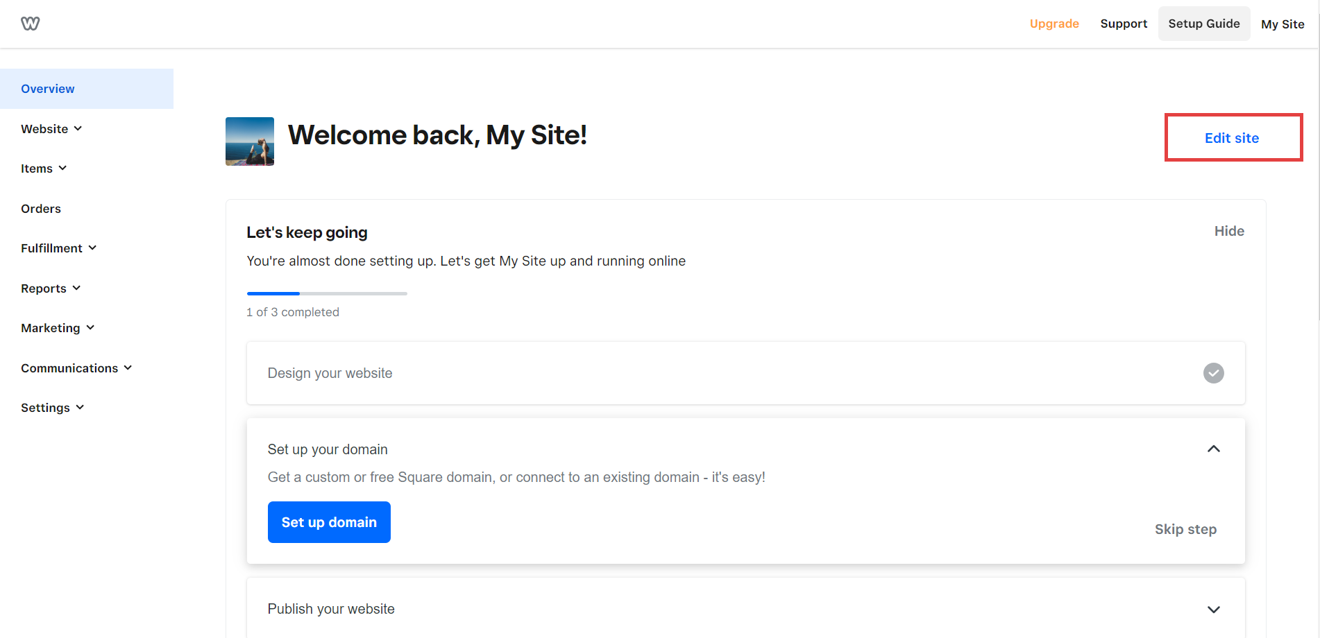 Weebly dashboard with the Edit site link