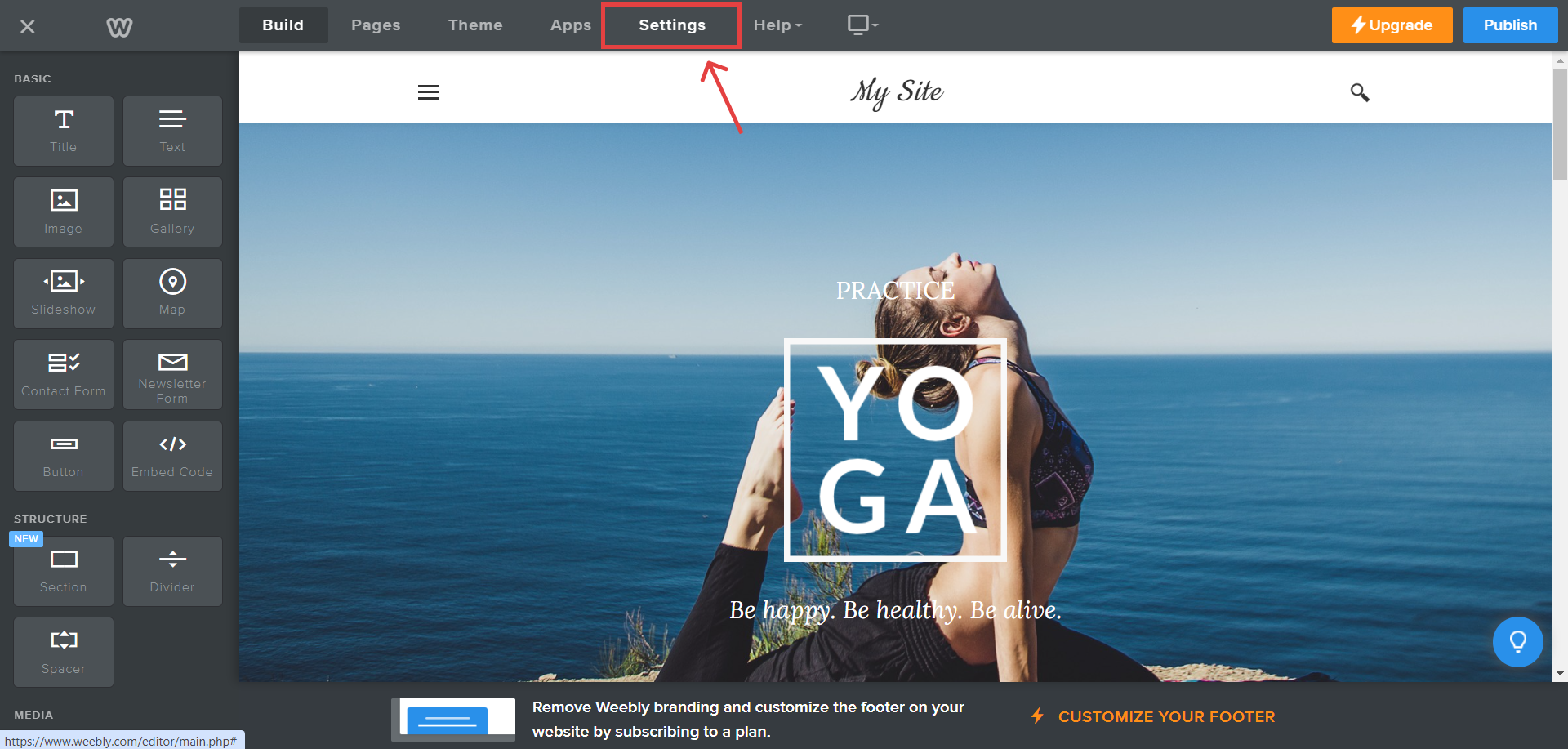 Weebly editor with Settings in the top bar