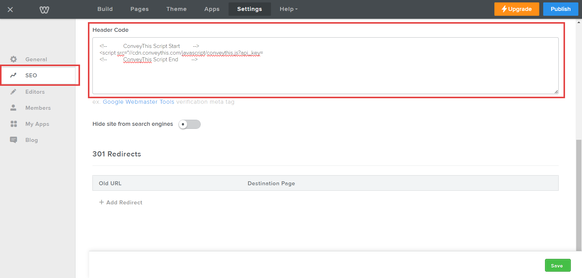 Weebly Settings, SEO section, Header Code field with the ConveyThis script
