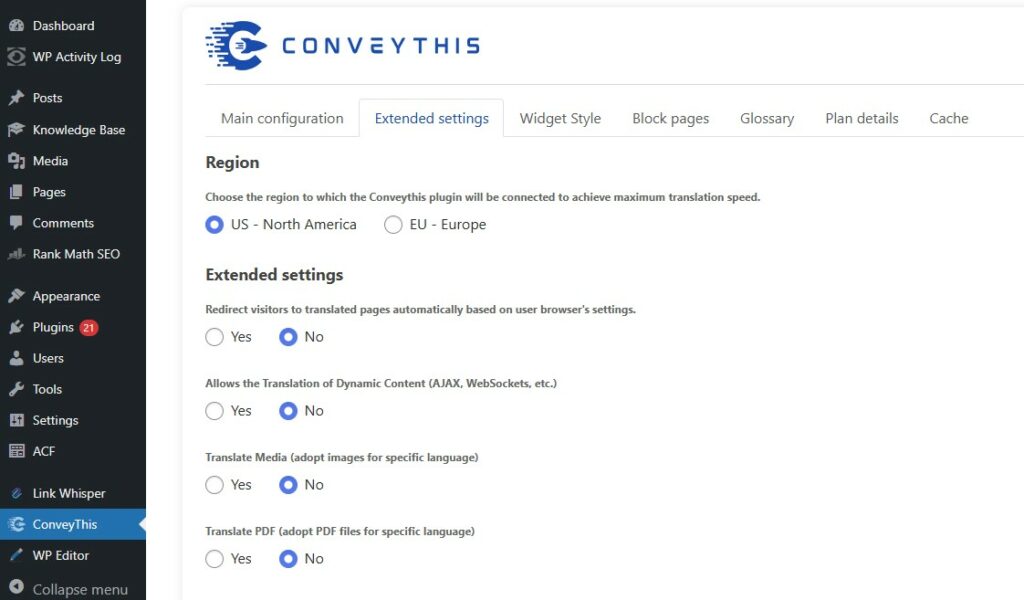 Conveythis plugin instruction for wordpress (Extended settings)