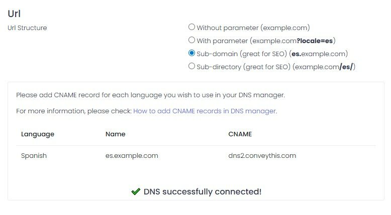 Screenshot of a DNS settings page showing URL structure options with ‘Sub-directory (example.com/es/)’ selected and an A (IPv4) record added, confirming ‘DNS successfully connected