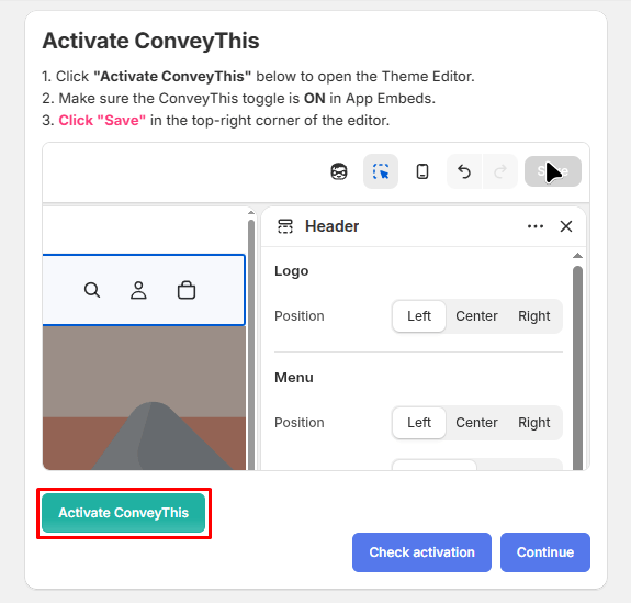 ConveyThis Shopify plugin activation page