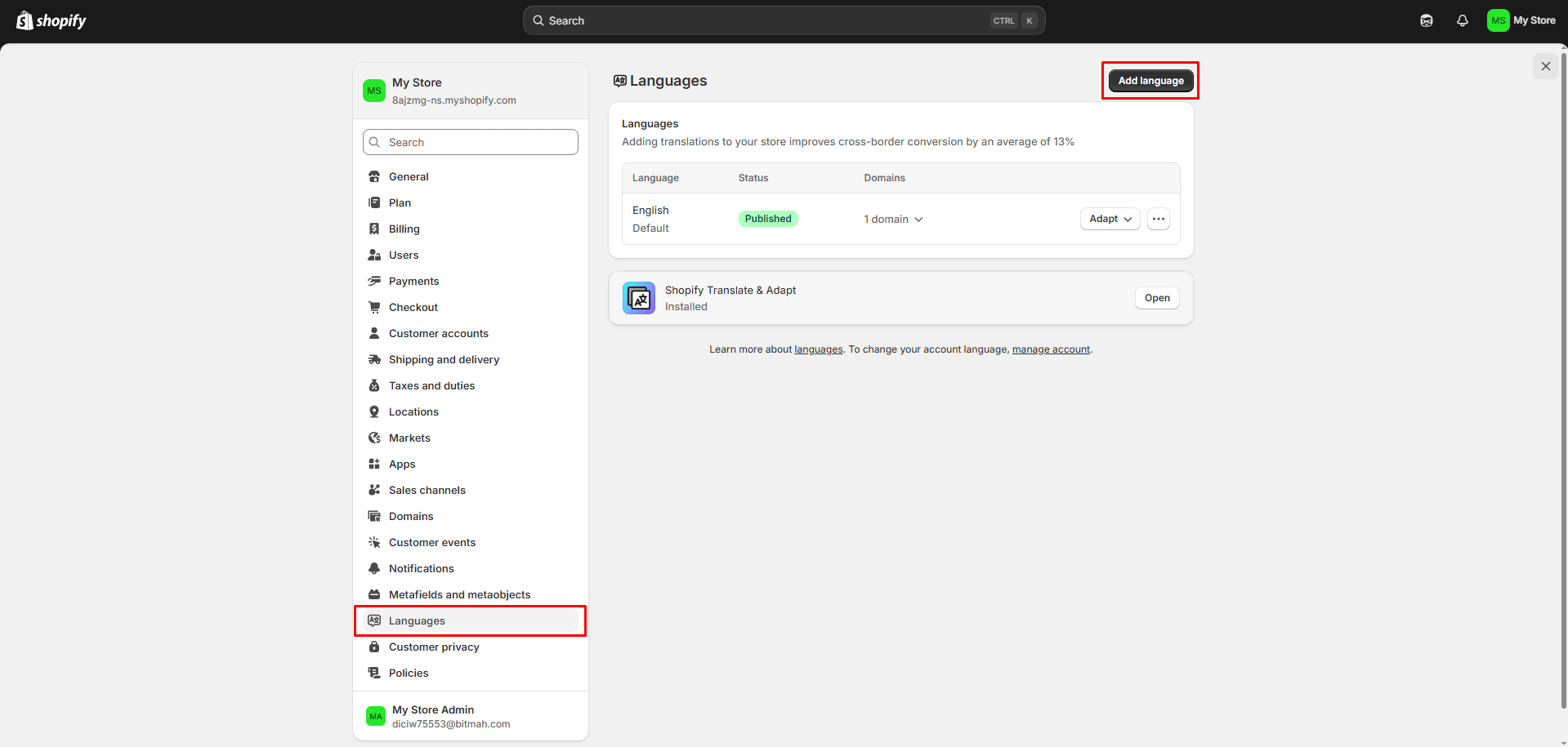 Shopify Add Language button location