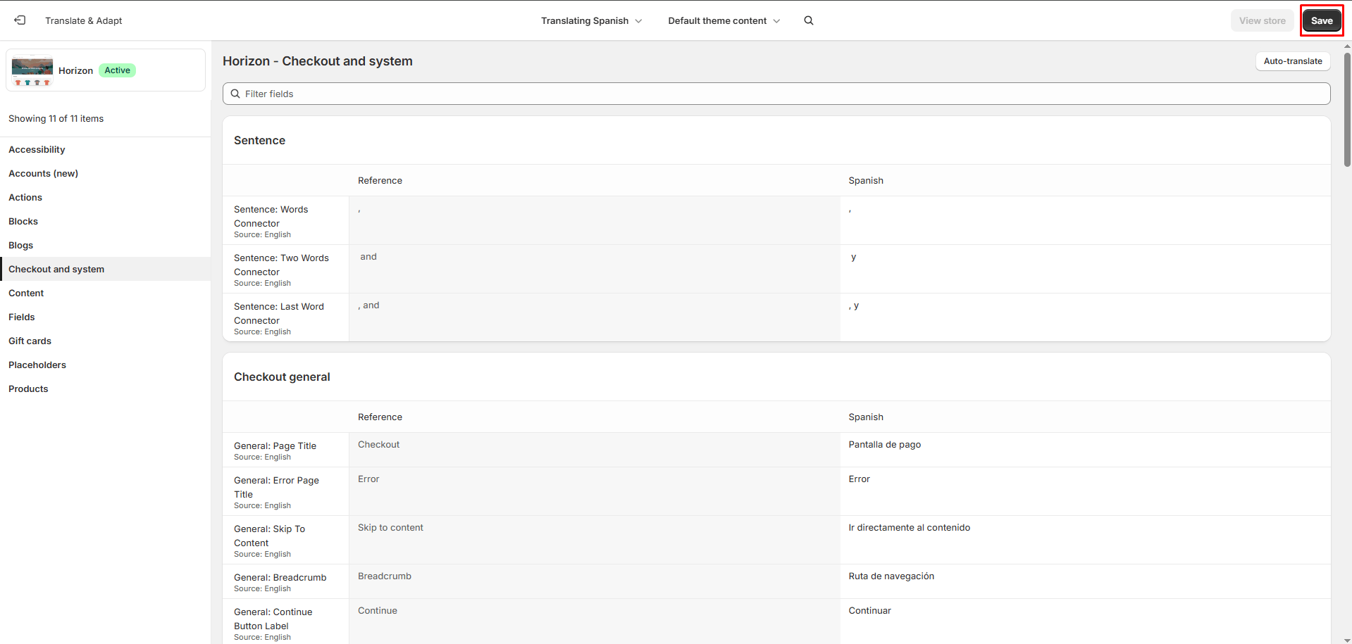 Shopify Checkout and system translation page