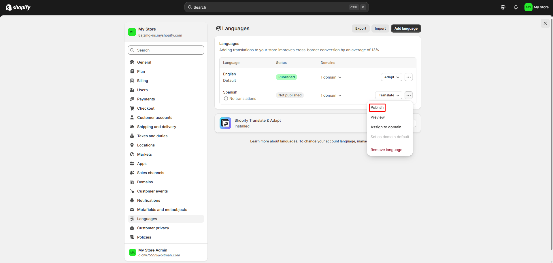 Shopify publish language location