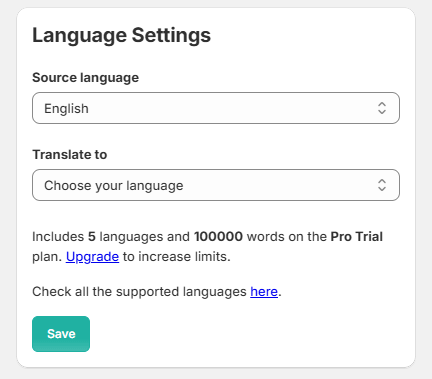 ConveyThis Shopify plugin language settings page