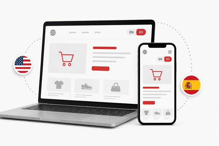 Illustration of a bilingual ecommerce website displayed on a laptop and smartphone, featuring English and Spanish language options for online shopping.