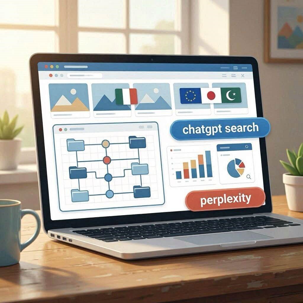 Laptop showing ChatGPT Search and Perplexity