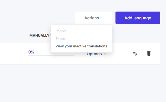 ConveyThis dashboard Actions menu with Import option for 1-Click Translation Import