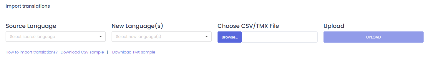Import translations Import translations form with source language, target language, file picker, and upload button