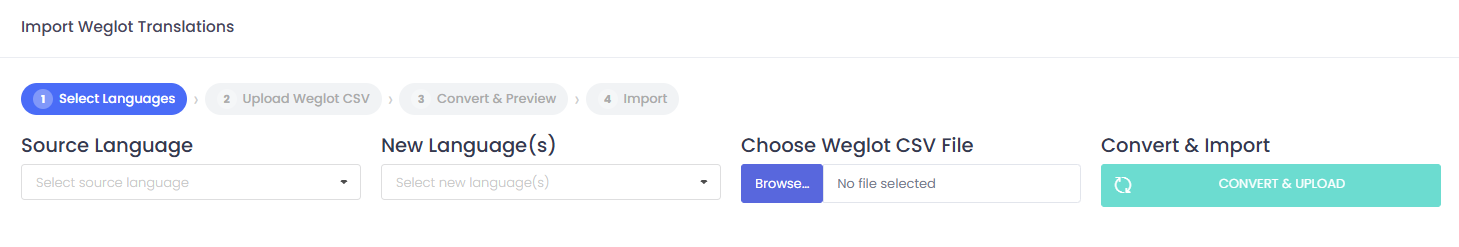 Import Weglot Translations Import Weglot Translations form with language selectors, file picker, and convert and upload button