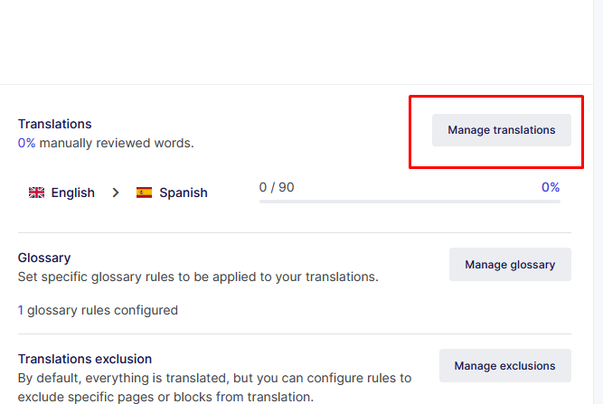 Weglot Manage translations button in the Translations section