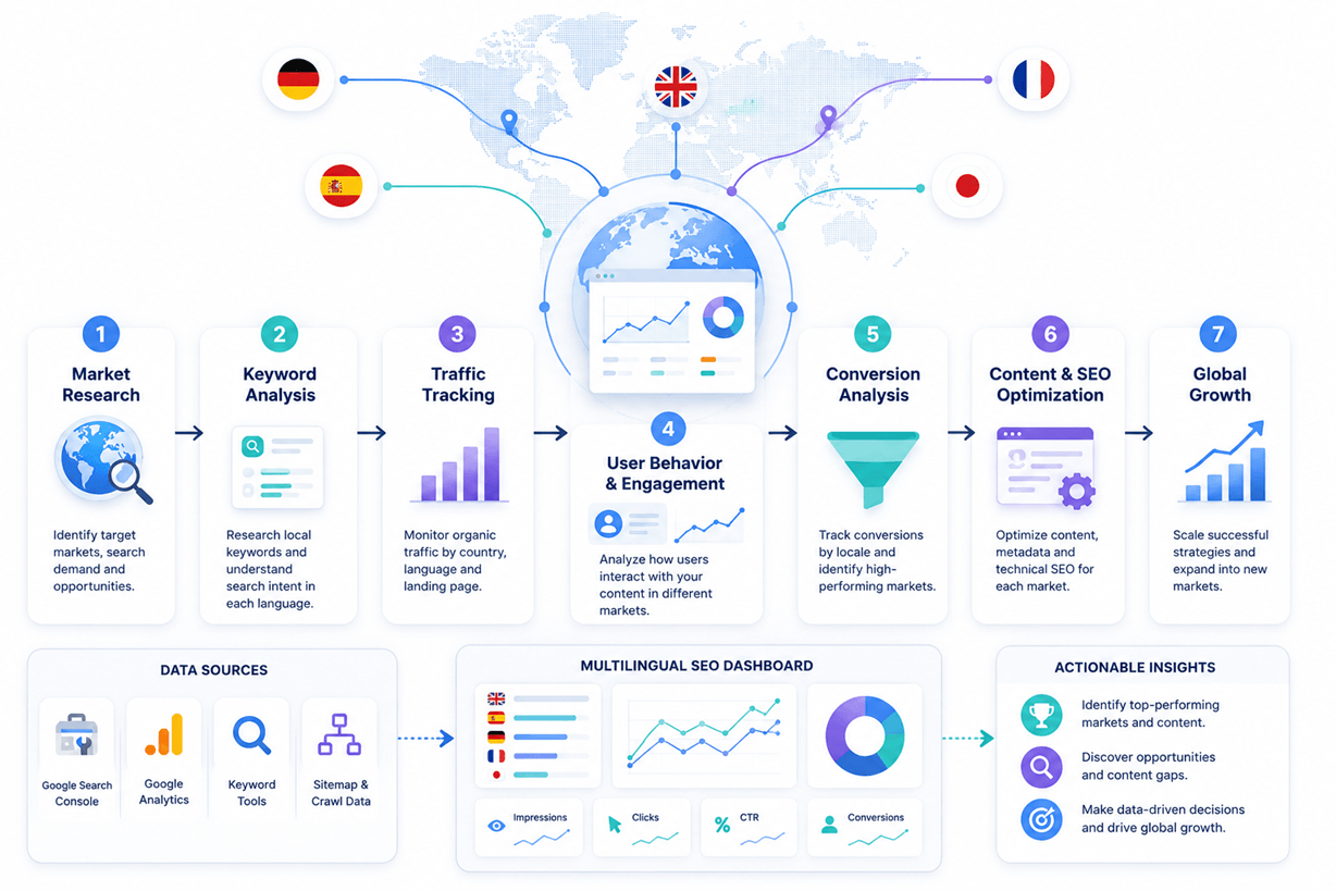 Multilingual SEO analytics workflow diagram