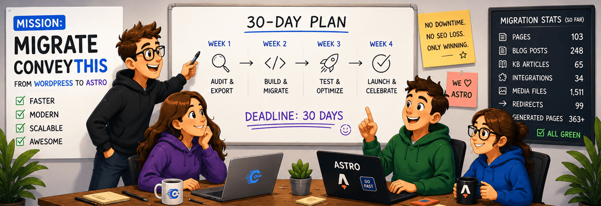 Cartoon-style illustration of the ConveyThis team collaborating on a website migration project. The team plans, builds, and launches a new Astro-powered website within a 30-day deadline, celebrating improved performance, faster load times, and a successful transition from WordPress.
