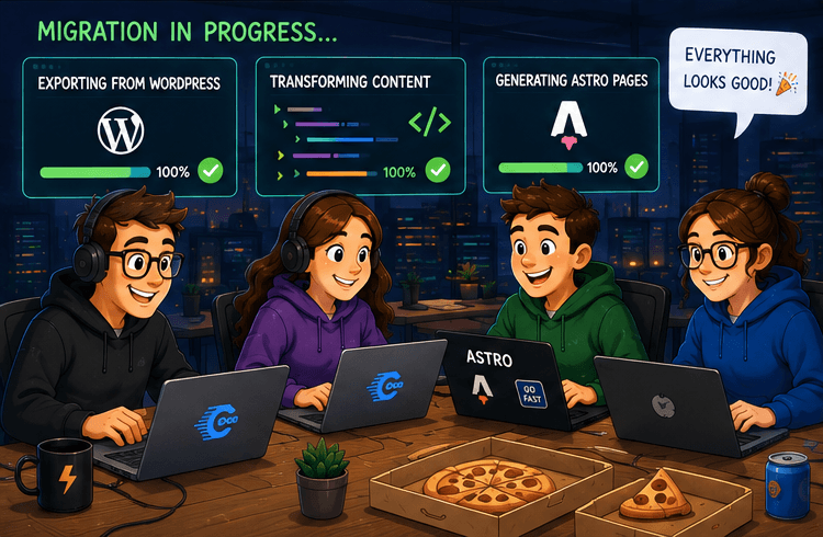 Illustrated infographic showing the ConveyThis team migrating from WordPress to Astro, with a four-week timeline from Audit and Export through Build, Test, and Launch.