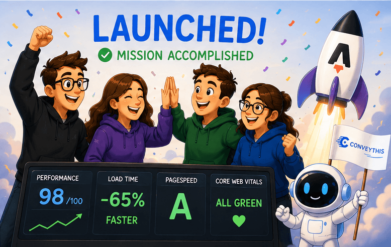 Colorful scene of the ConveyThis team celebrating launch day with migration stats on screen and a green All Green status after moving to Astro.