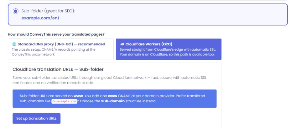ConveyThis serve method switch with Cloudflare Workers (O2O) selected for sub-folder URLs