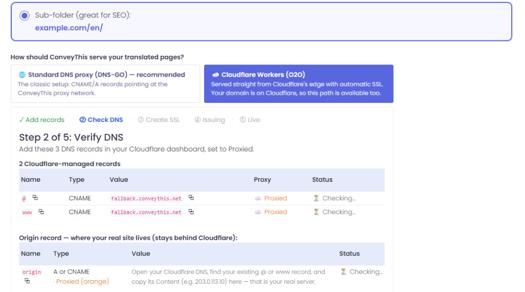 ConveyThis Verify DNS step listing Proxied CNAME records for Cloudflare Workers O2O