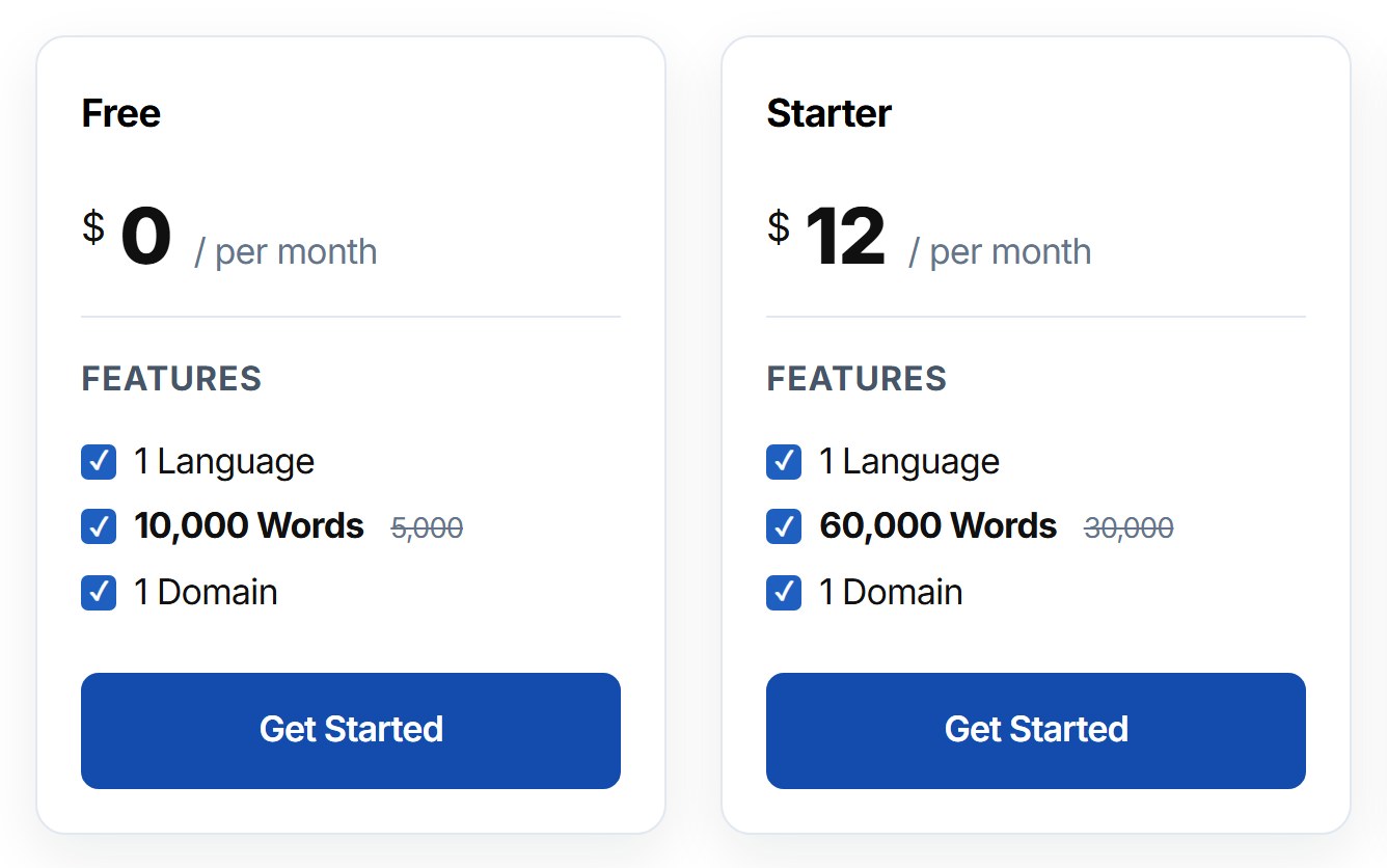 ConveyThis pricing cards for the Free and Starter plans: 10,000 words with 5,000 crossed out, and 60,000 words with 30,000 crossed out