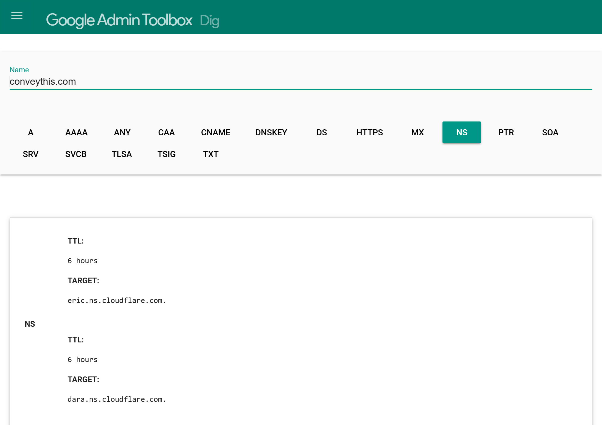 Google Admin Toolbox Dig, NS lookup for conveythis.com showing two cloudflare.com name servers