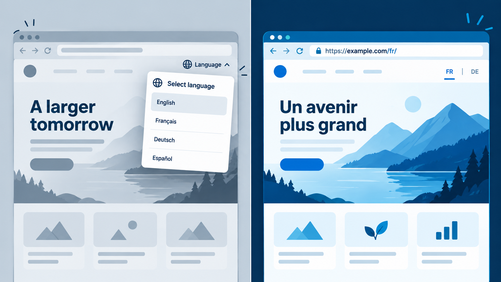 Temporary language dropdown overlay versus a real /fr/ language URL