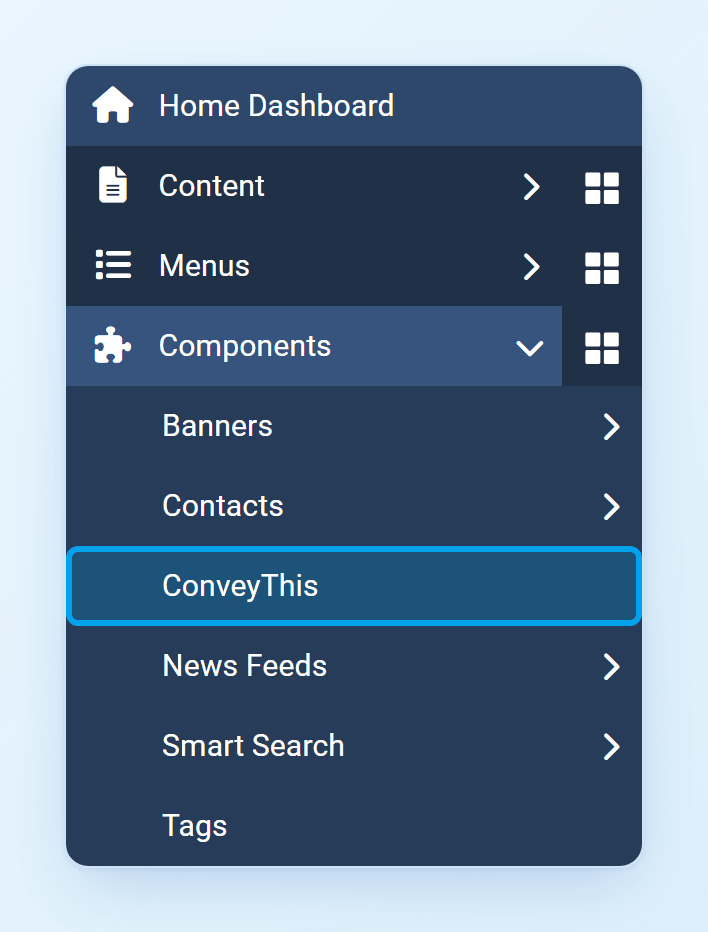 Joomla Components menu with ConveyThis