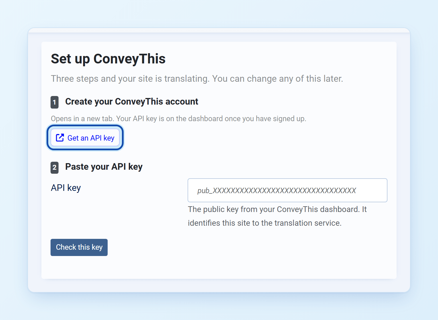 ConveyThis setup screen in Joomla with the Get an API key button