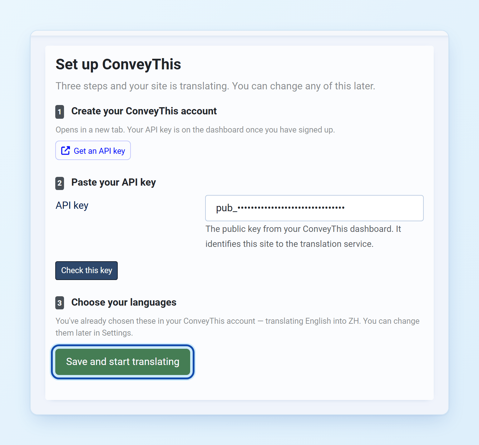 ConveyThis setup in Joomla: API key checked, languages confirmed, Save and start translating
