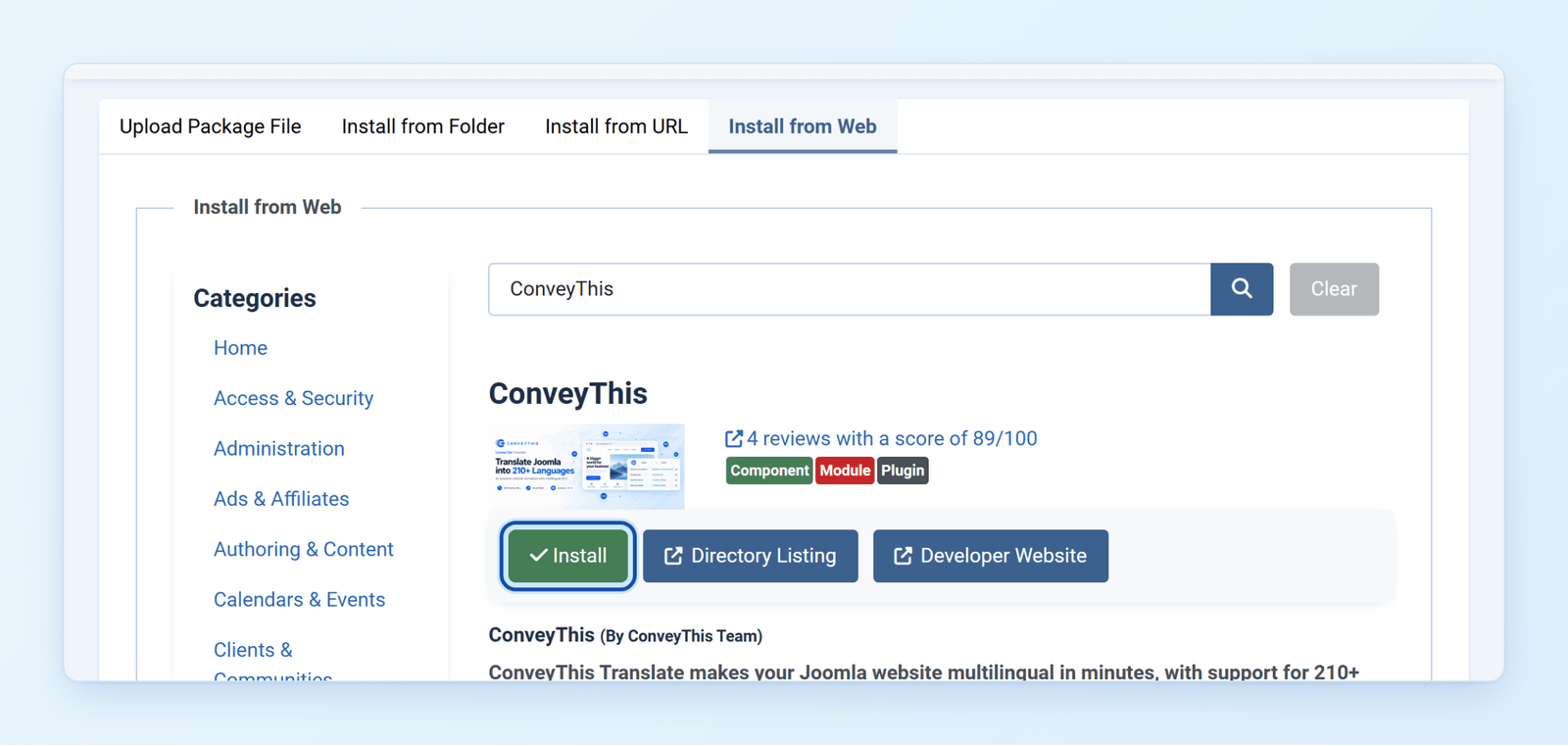 ConveyThis extension page in Joomla with the Install button
