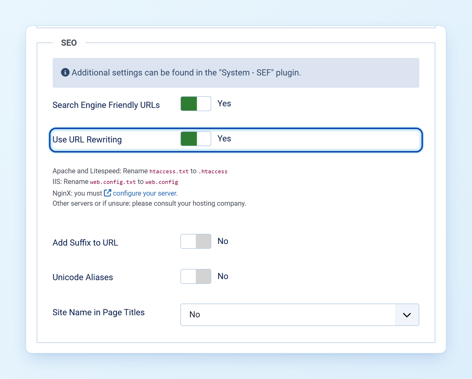 Joomla Global Configuration, SEO section with Use URL Rewriting set to Yes
