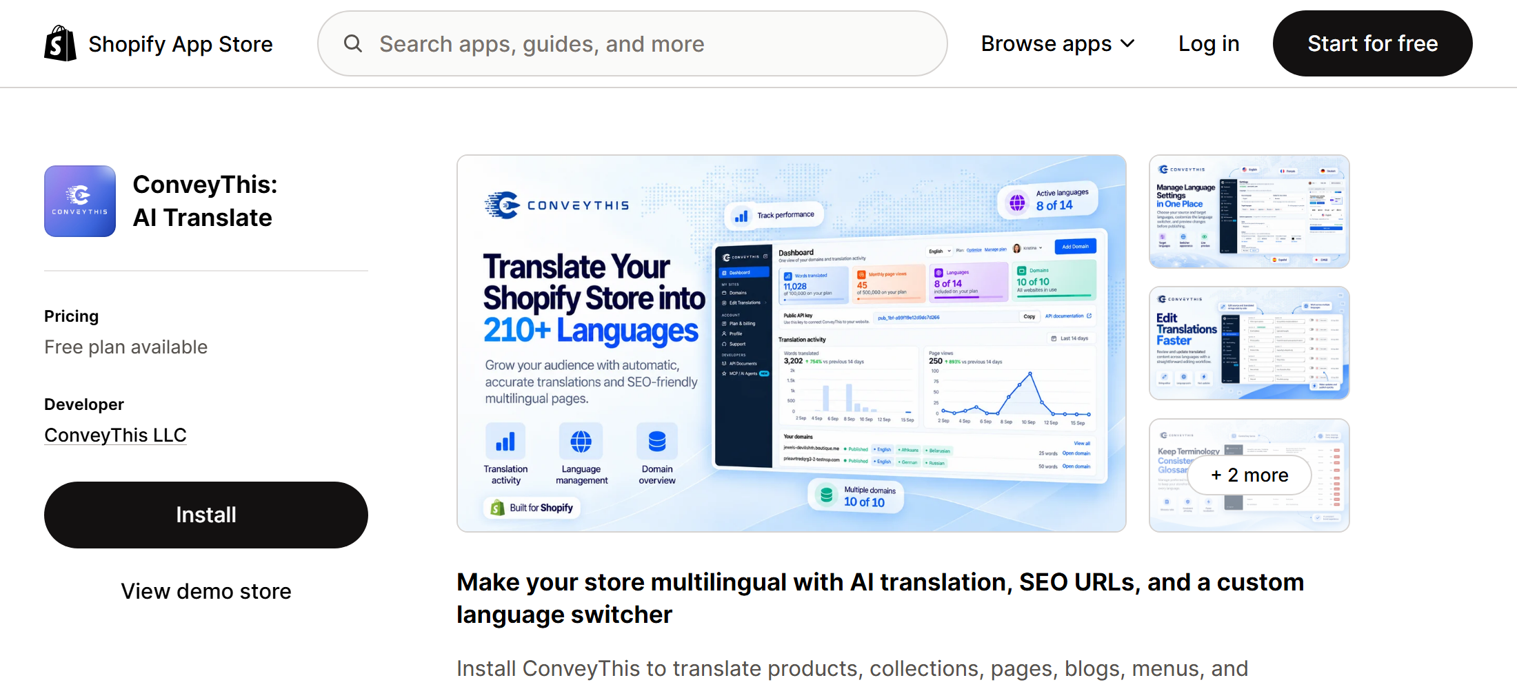 The “ConveyThis: AI Translate” app on the Shopify App Store with the Install button