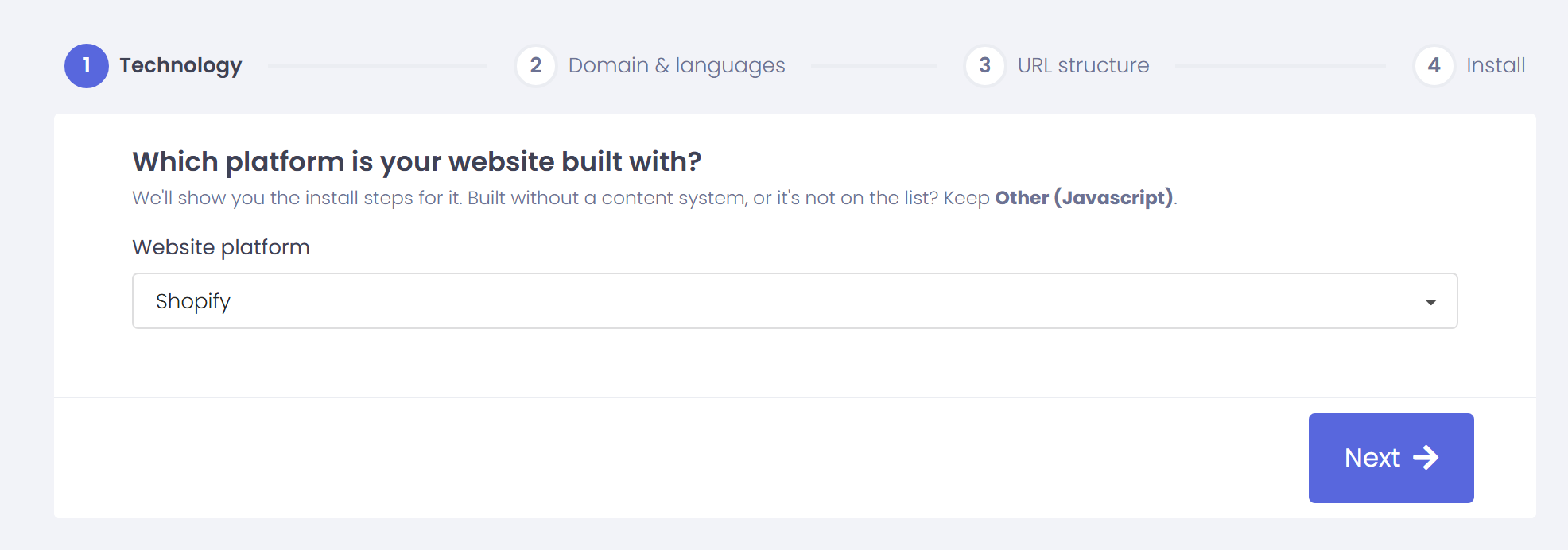ConveyThis setup wizard, step 1 “Which platform is your website built with?” with Shopify selected