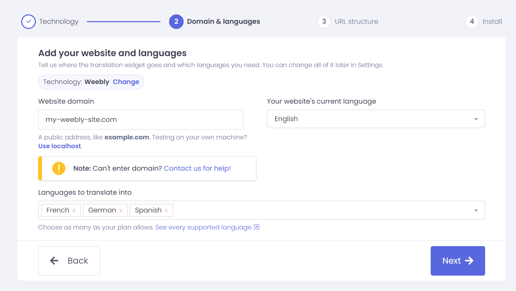 ConveyThis setup wizard, step 2 “Add your website and languages” with the domain, the current language English and French, German and Spanish selected