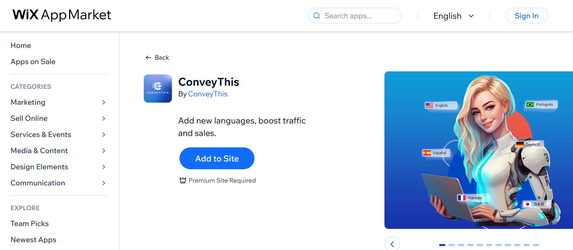The ConveyThis app on the Wix App Market with the Add to Site button