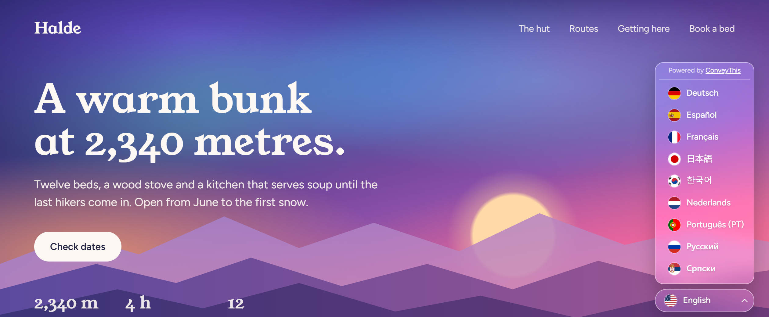 A mountain hut website with the ConveyThis Glass theme open in the corner: a frosted, translucent language list over a purple sunset
