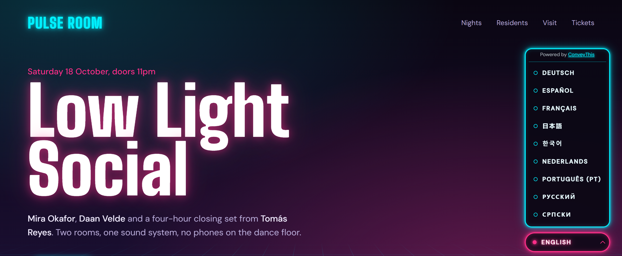 A nightclub website with the ConveyThis Neon theme open in the corner: a dark language list with a glowing cyan outline and the current language in pink