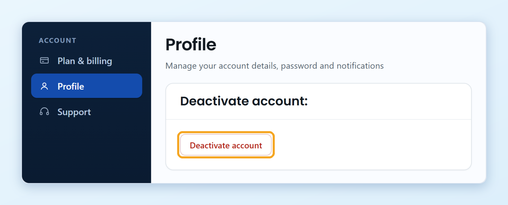 The Deactivate account button at the bottom of the Profile page