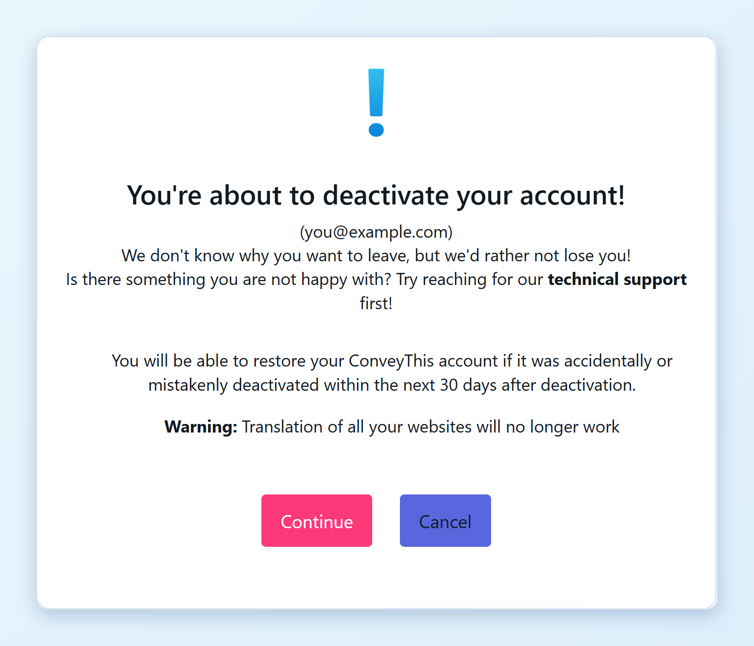 The warning page: You're about to deactivate your account, with the Continue and Cancel buttons