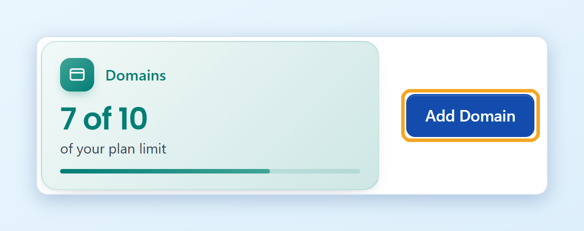 The Domains card on the Dashboard showing 7 of 10 websites used, and the Add Domain button