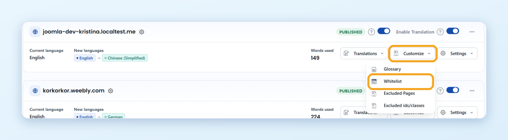 The Customize menu on a website in Domains, with Whitelist