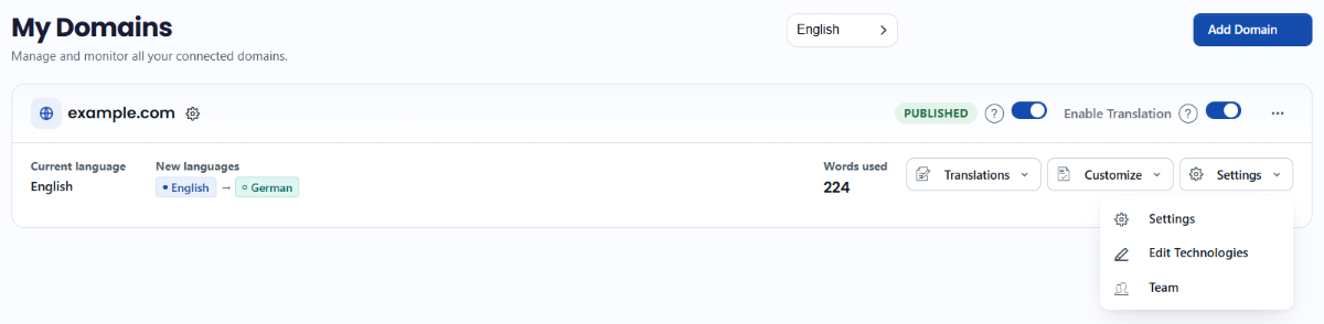 The Settings menu on a website in Domains: choose Settings