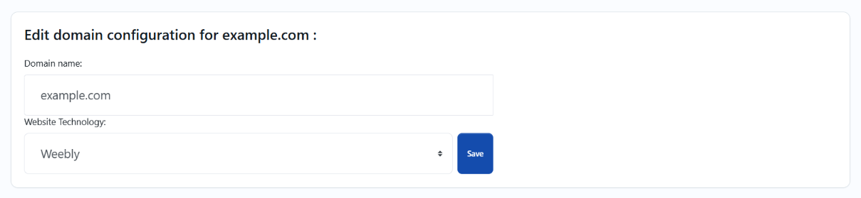 The Edit Domain page with the Domain name field set to example.com and the Website Technology menu