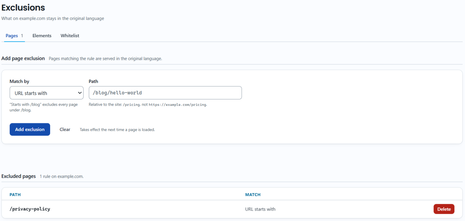 The Exclusions page for example.com on the Pages tab: the Add page exclusion form with Match by and Path, and one excluded page, /privacy-policy, with URL starts with